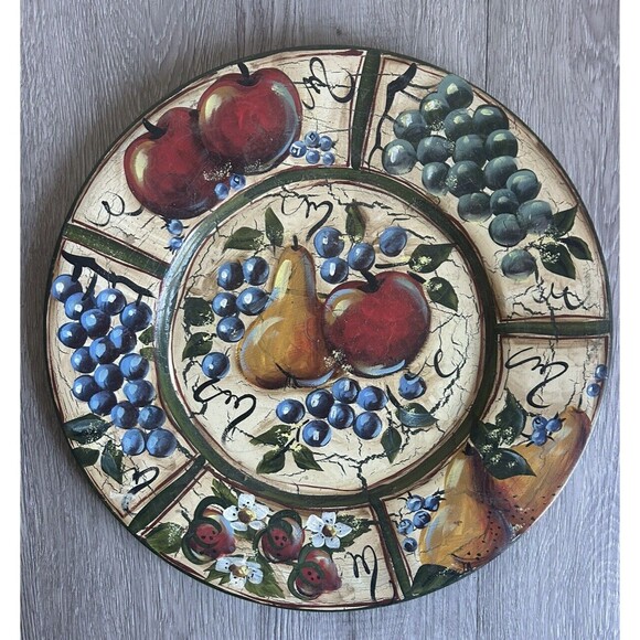 Vintage Decorative Metal Plate Platter Fruits & Flowers Hand Painted Round 14” - Picture 2 of 7